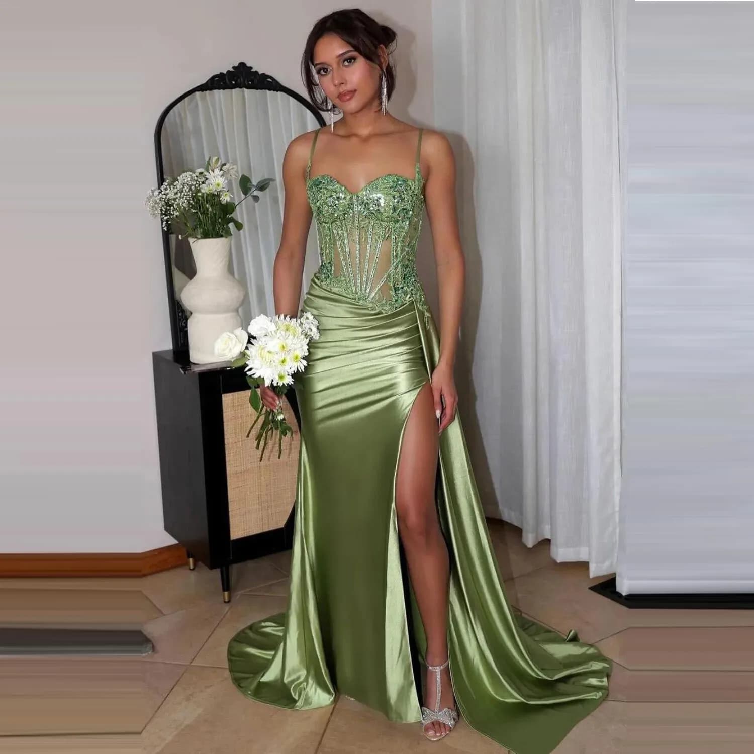 Sparkly Corset Sequins Long Prom Dress With Slit Sexy Spaghetti Strap Appliques Evening Dresses Elegant Formal Party Gowns 2025