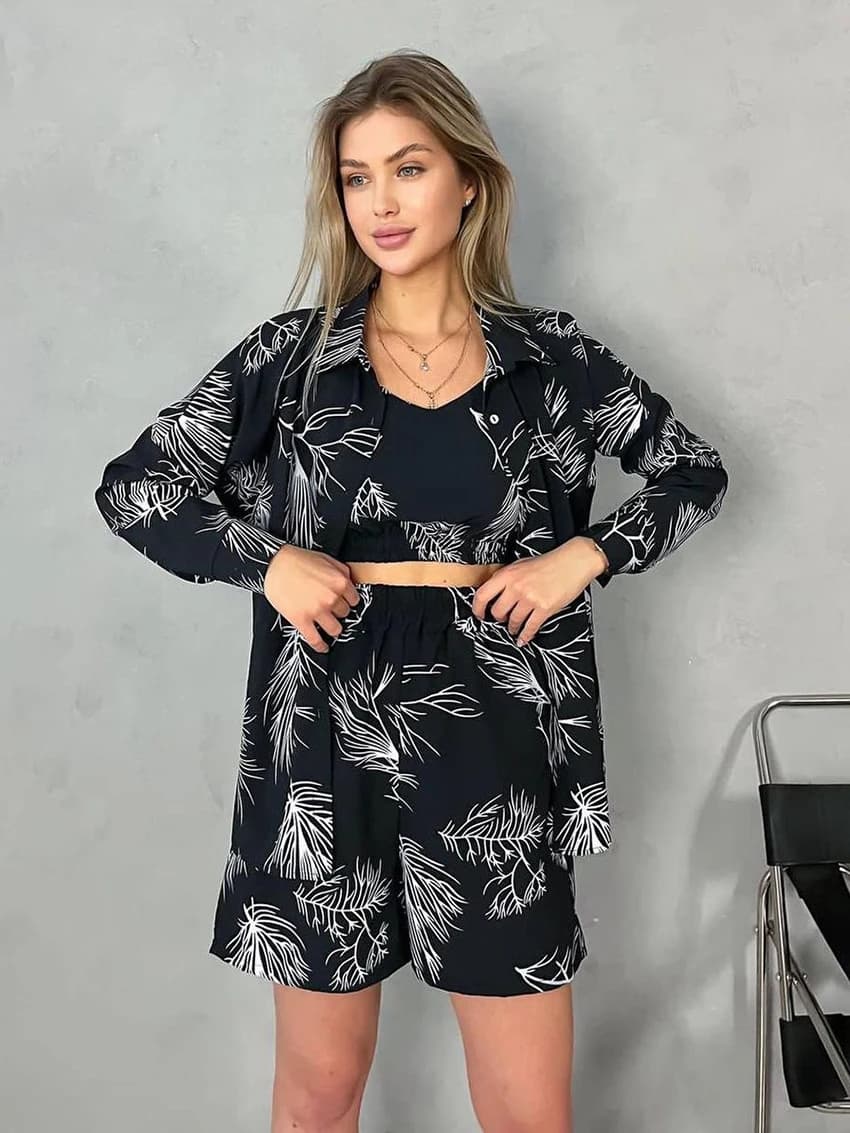 Marthaqiqi Printing Ladies Sleepwear 3 Piece Set Long Sleeve Robe Turn-Down Collar Pajamas Tank Tops Nightie Shorts Home Clothes