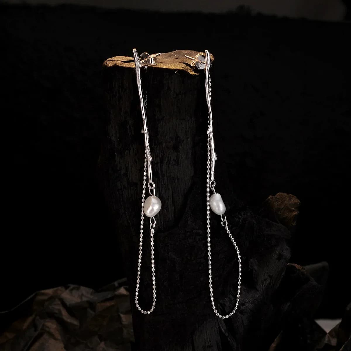 ABLES CHIC Solid 925 Silver Long Irregular Borque Pearl Ear Stud Long Chain Original Party Woman Earrings E1179