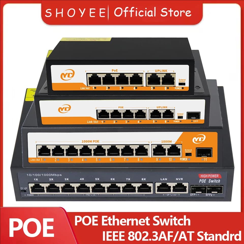 New POE RJ45 Ethernet Switch SFP 48V with for 802.3af/at Uplink Unmanaged Plug and Play,for IP Camera/NVR