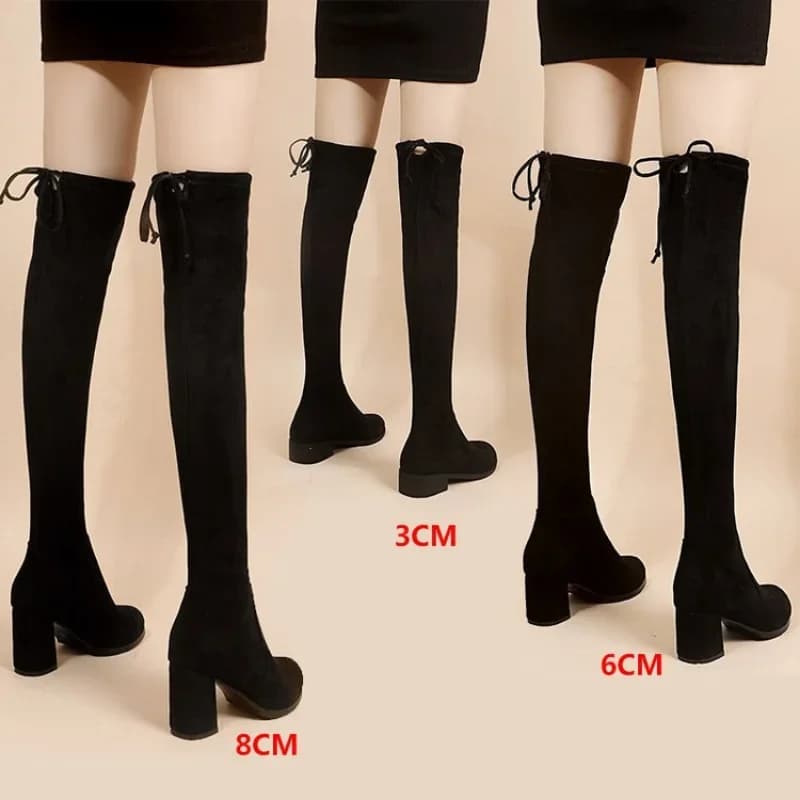2023 Faux Suede Female Heels Autumn Zipper Elastic Knee-high Boots for Women Tube Lace-up Thigh Gigh Boots Black Botas Mujer