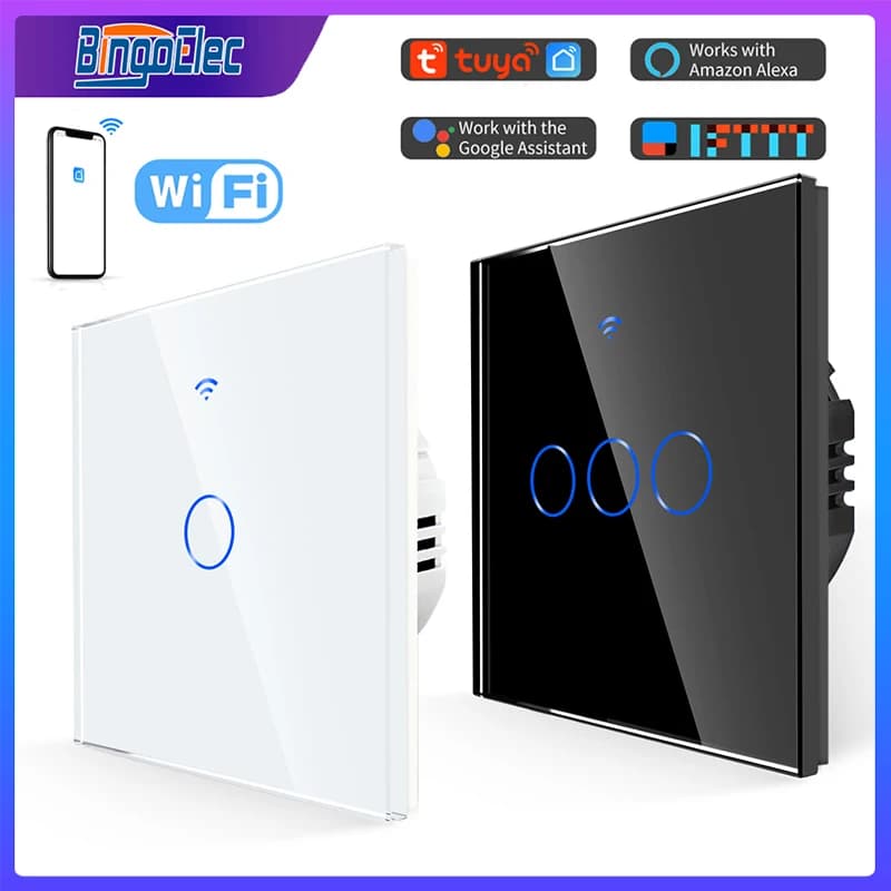 Bingoelec Tuya WiFi Smart Light Switch NO Neutral Wire 1 2 3 Gang Touch Sensor Smart Wall Switch Voice Control Alexa Google Home