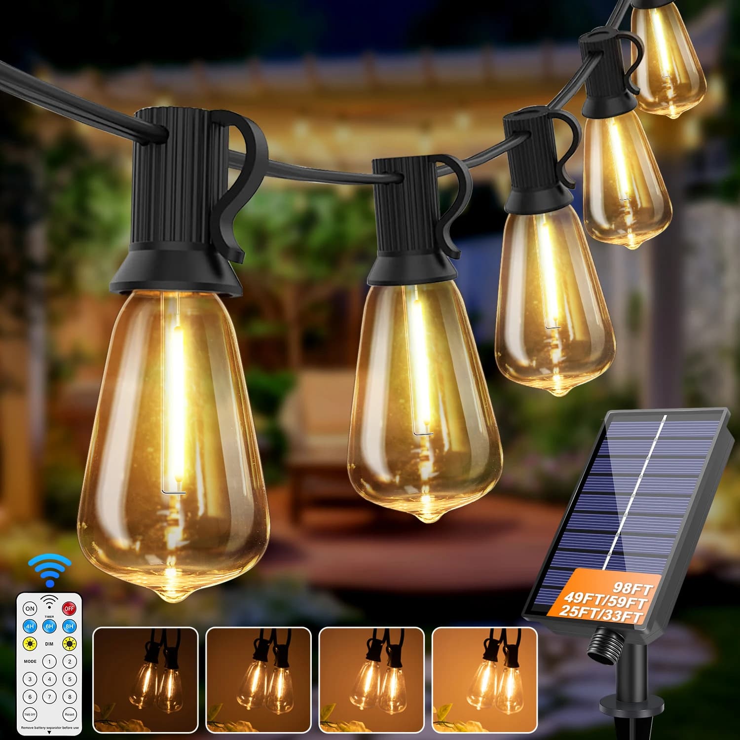 Solar Globe LED String Lights G40 Patio Light USB Recharger 8 Light Modes Remote Control Garden Solar Weatherproof Hanging Light