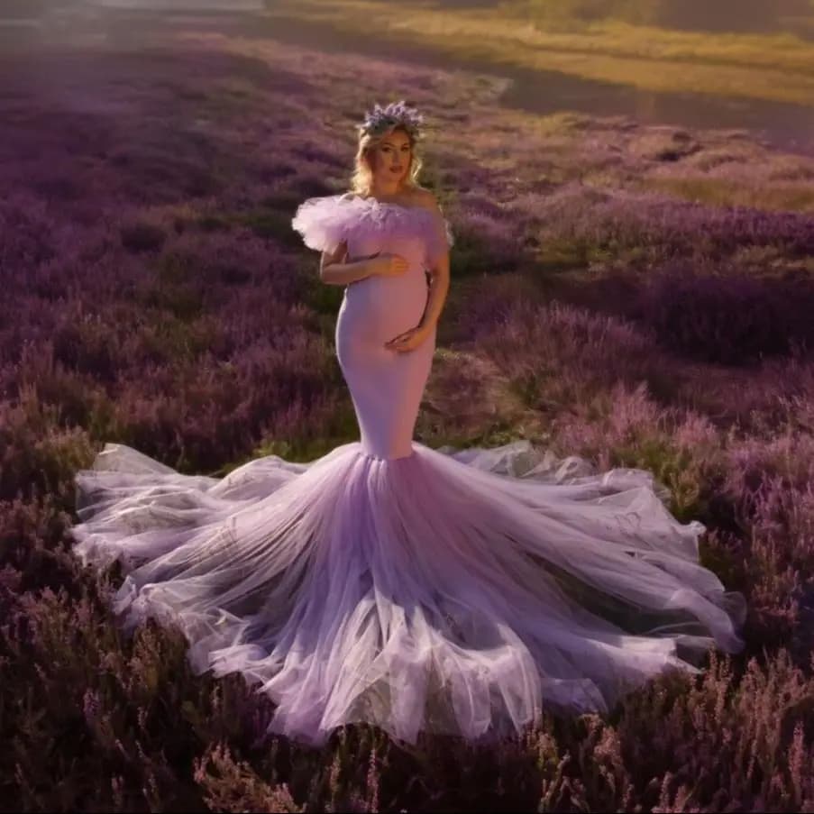 Lavender Mermaid Maternity Gowns for Photography  Off Shoulder Ruffles Women Pregnancy Robes Sexy Sweep Train Babyshower Dresses