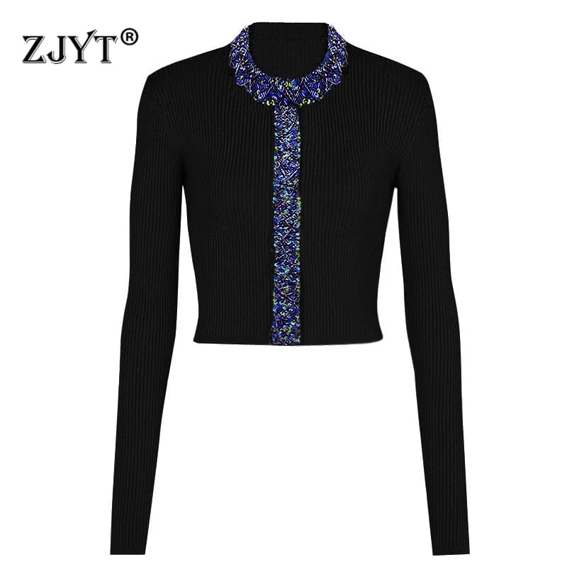ZJYT Women's Long Sleeve Cardigan Sweaters Luxury Beading Knitting Tops Female Europe Fashion O Neck Knitwears Jersey Mujer 2024