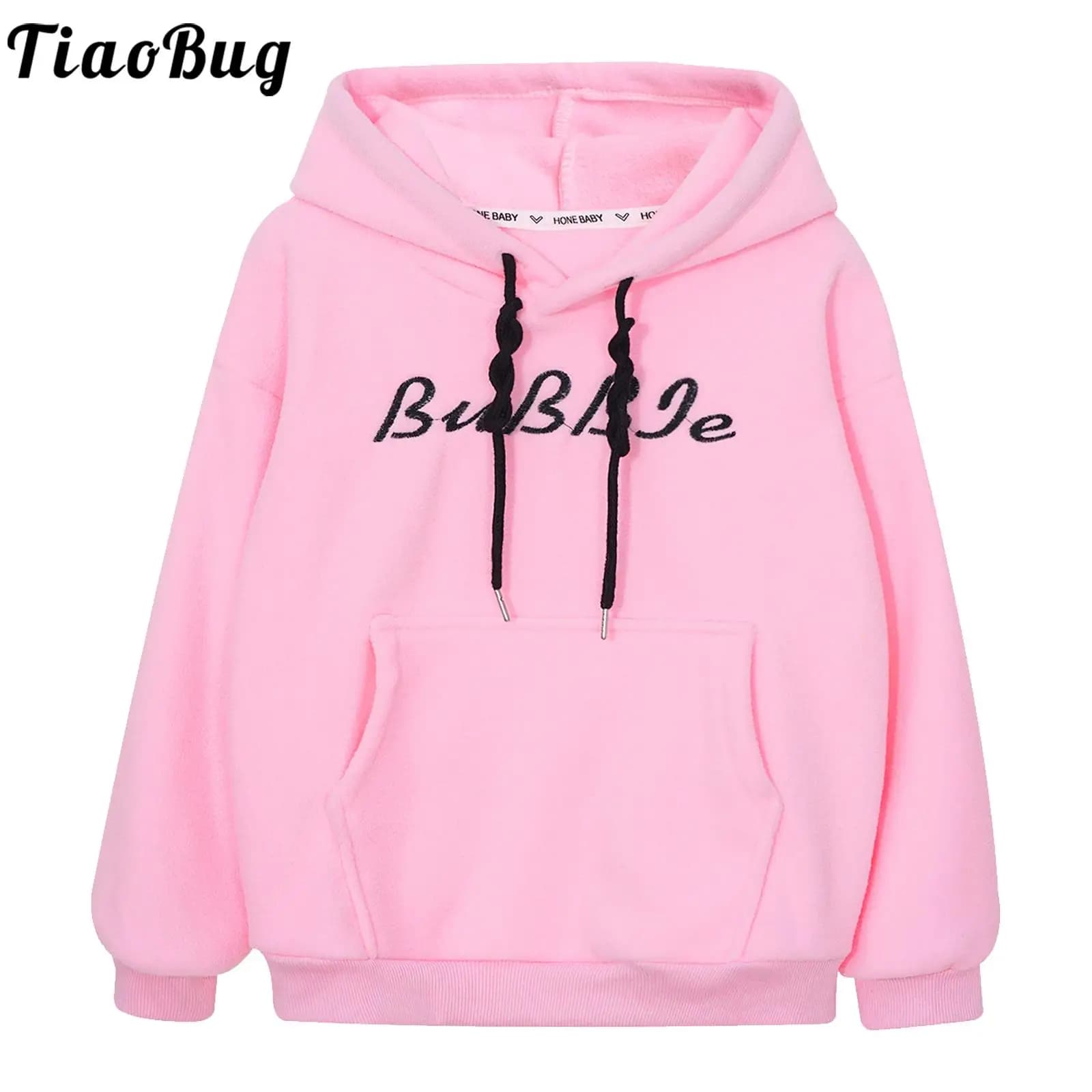 Autumn 2023 Kids Girls Boys Warm Fleece Letter Embroidery Hoodie Long Sleeve Drawstring Hooded Sweatshirt Pullover with Pockets