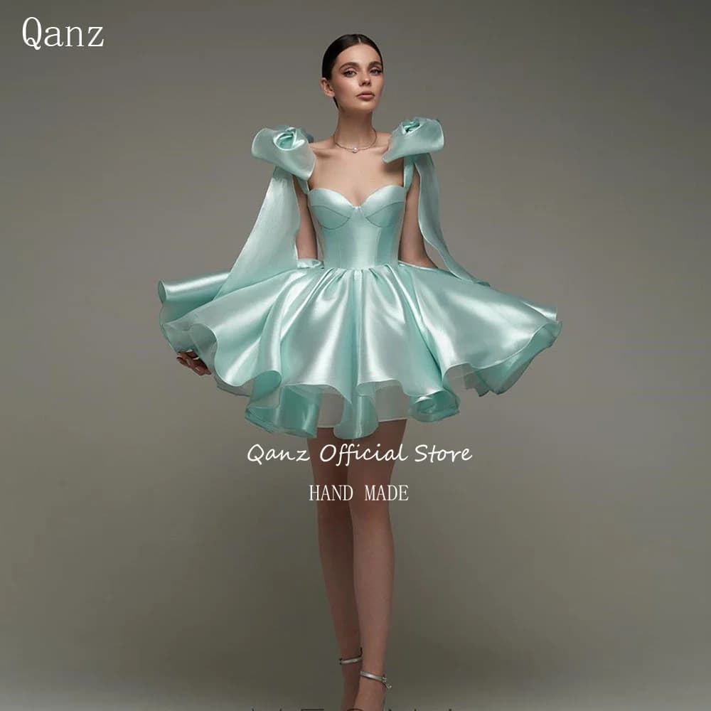 Qanz Short Prom Dresses Sexy  Ribbon Bow Sleeves Satin Wedding Party Dress Lace Up Back Backless Cocktail Dresses Customized