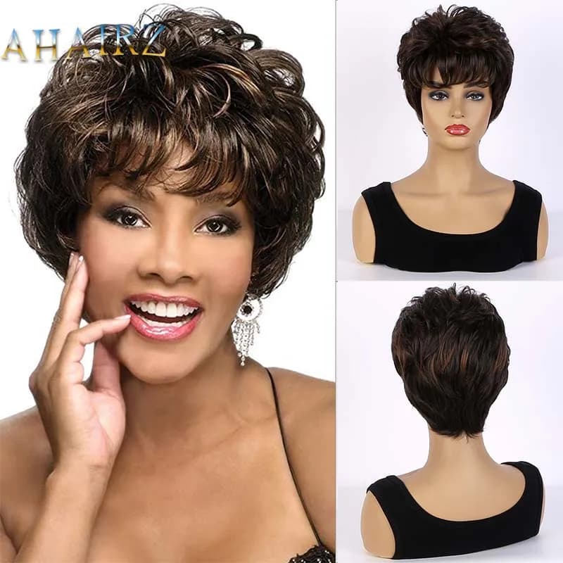 Women's Fashion Short Synthetic Wigs Pixie Cut Black Brown Ombre Hair Costume Party Wigs for Woman Fluffy Natural Curly Wavy Wig