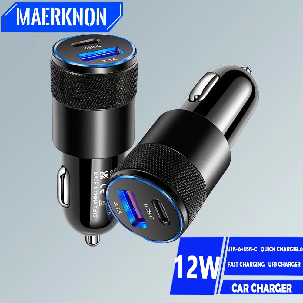 Car Charger 12W Type C Fast Charging PD USB Quick Charge 3.0 Phone Adapter For iPhone Samsung Xiaomi Dual Ports USB Car Charger