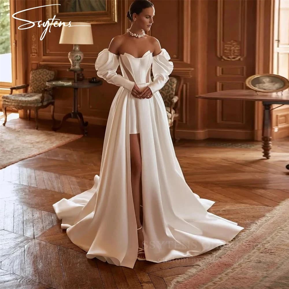 SSYTEN Luxury Wedding Dresses Slit Draped Satin Sweetheart Bride Dress Long Wedding Gowns for Women 2024 Detachable Sleeves
