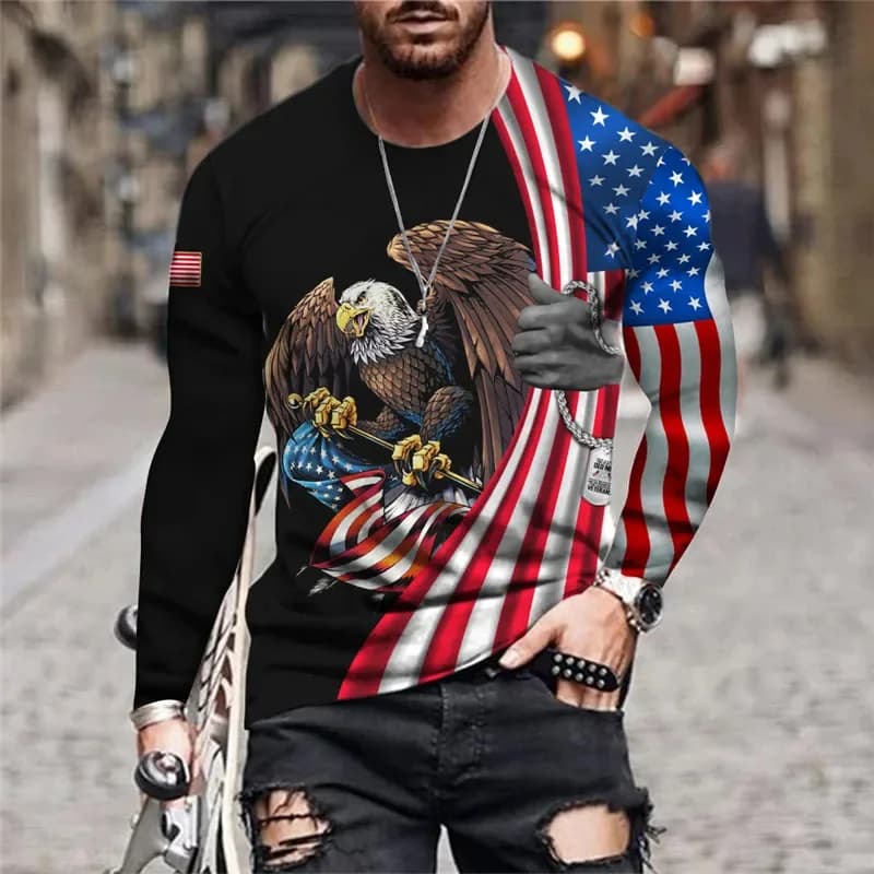 3D Printed USA National Flag T-Shirt For Men Eagle Animals Pattern Tees Spring Autumn Oversized T Shirts O-Neck Tops Long Sleeve