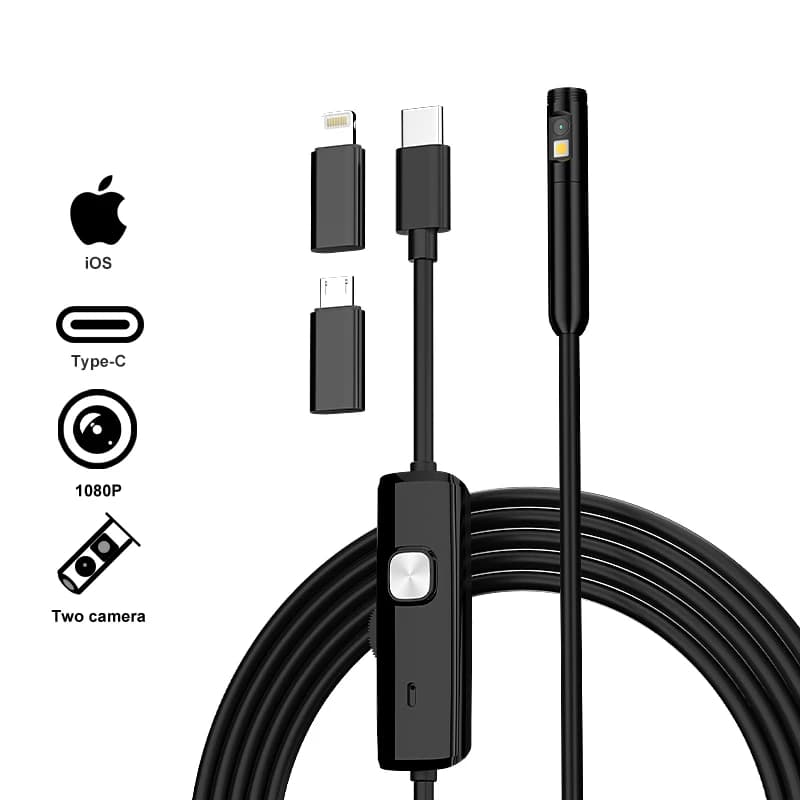 HD1080P Industrial Endoscope TYPE-C Wired Camera Direct Connect IPhone Ipad Dual Lens Pipe Inspection Borescope Waterproof LEDs