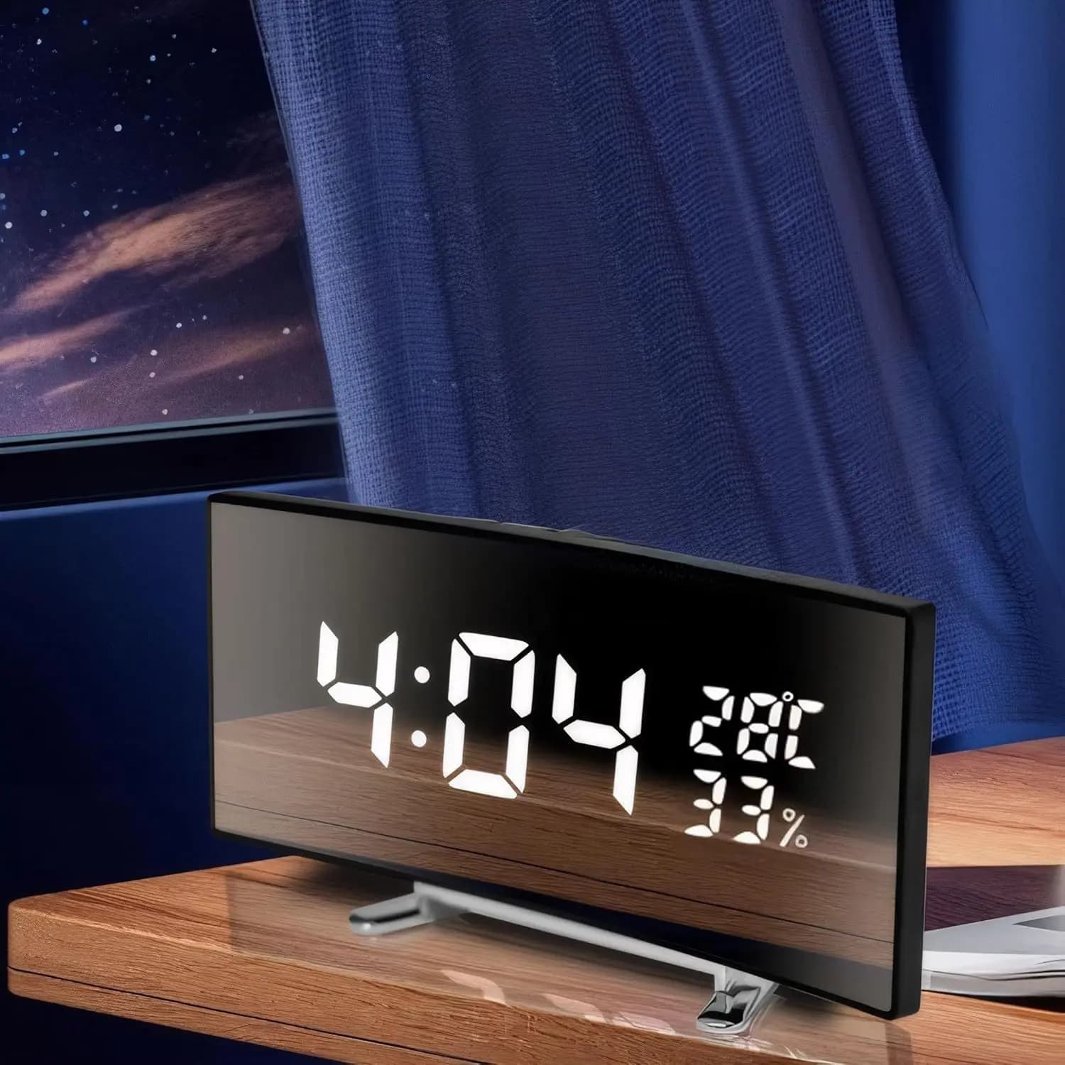 Creative Curved Electronic Clock, LED Large Screen Plug-in Battery Dual-purpose Mirror Alarm Clock, Student Bedroom Dedicated