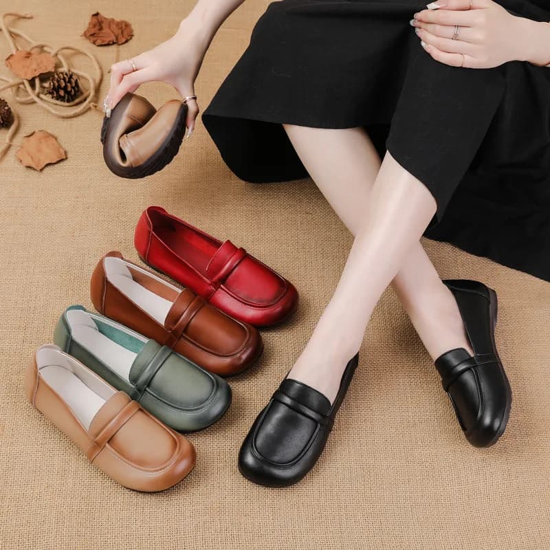 2024 New Style Loafers With Flat Tendon Bottom Korean Style Casual Simple Genuine Leather Women Shoes Comfortable Mother Shoes