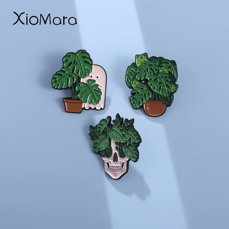 Skeleton Ghost Frog Enamel Pins Custom Animal Potted Plants Brooches Lapel Badges Punk Plant Jewelry Gift for Friends
