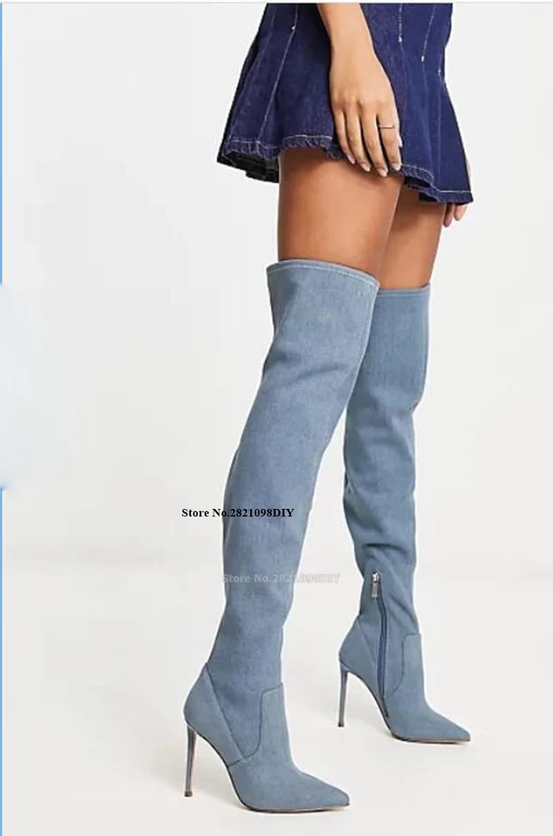 Pull On Over The Knee Boots In Stretch Denim Women Stiletto Heeled Pointed Toe High Point Heel Long Boot