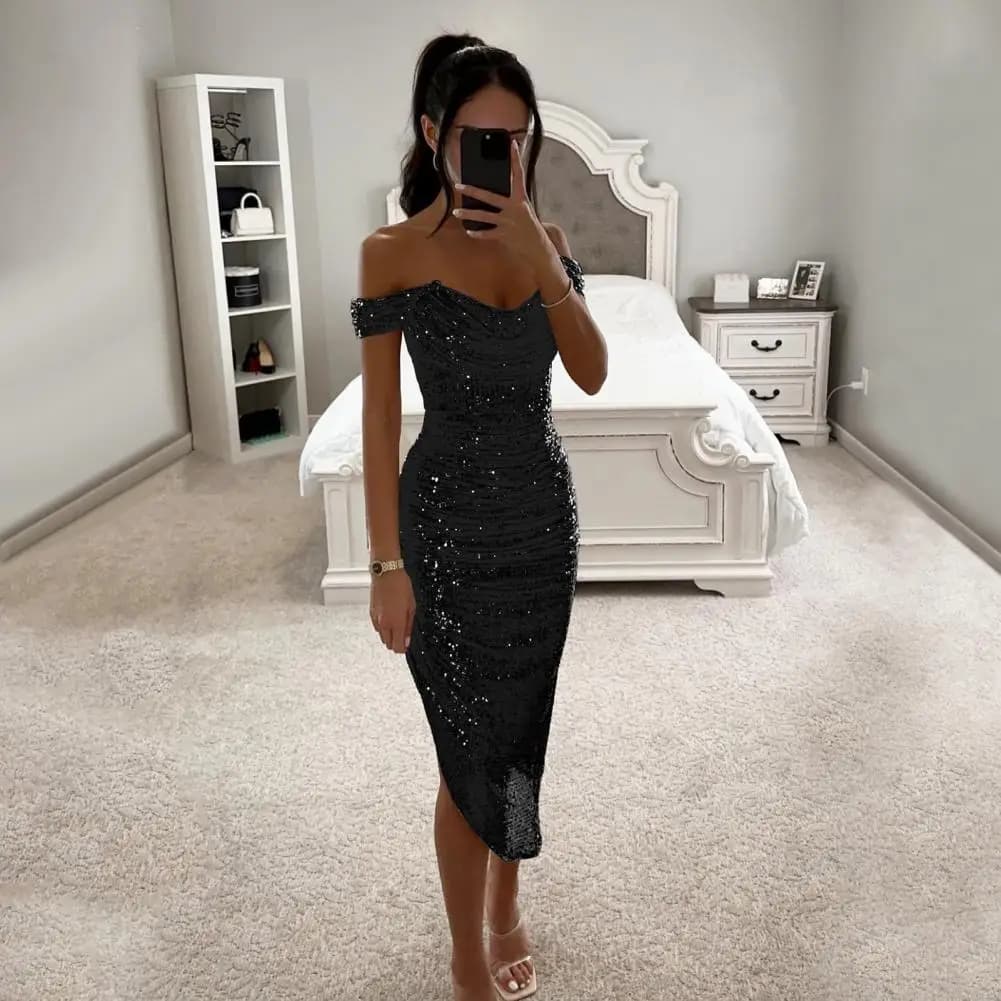 Lady Evening Dress Off Shoulder Sleeveless Slim Fit Sequin Calf Length Low-cut Prom Wedding Party Formal Occasion Midi Dress
