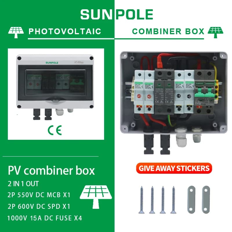 2 input 1 out DC 550V Solar photovoltaic PV Combiner Box With Lightning Protection Fuse MCB SPD Waterproof Box IP65