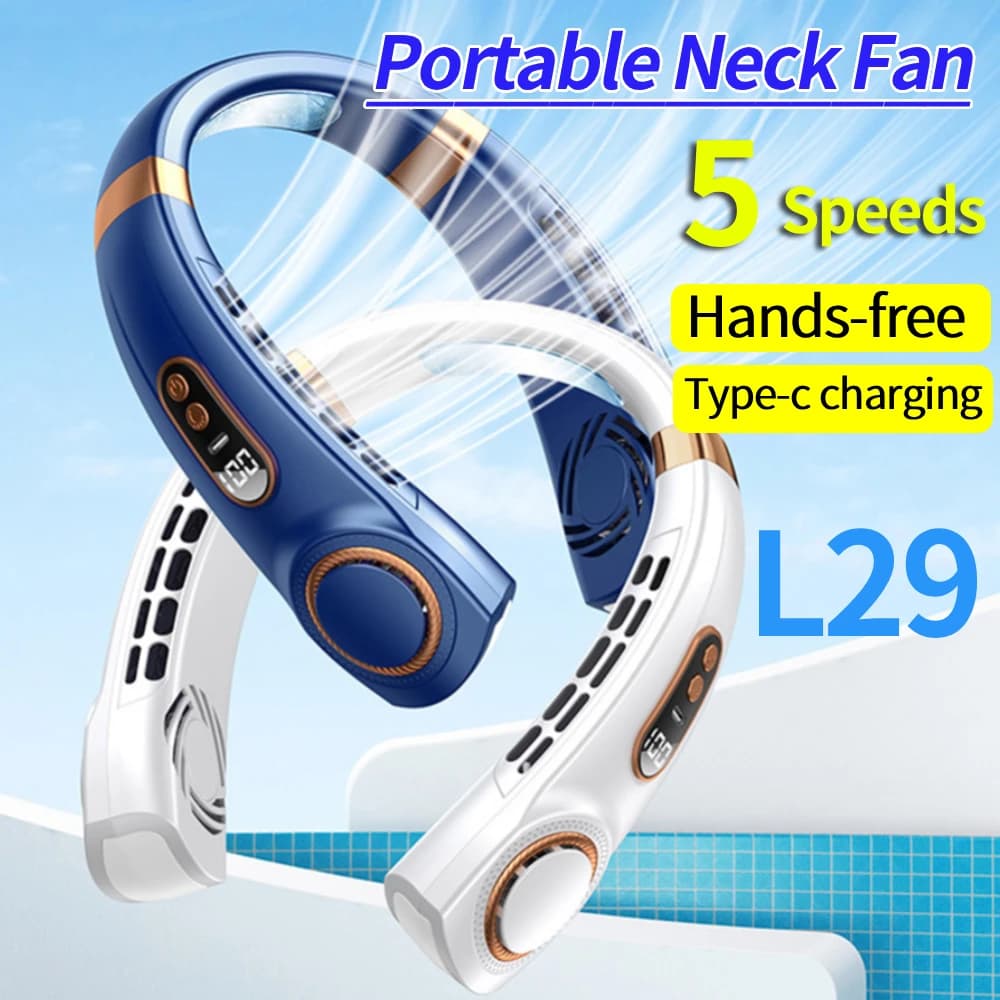 Mute USB Personal Fan LED Digital Display 5 Speeds Rechargeable Bladeless Portable Neck Fan for Home School Office