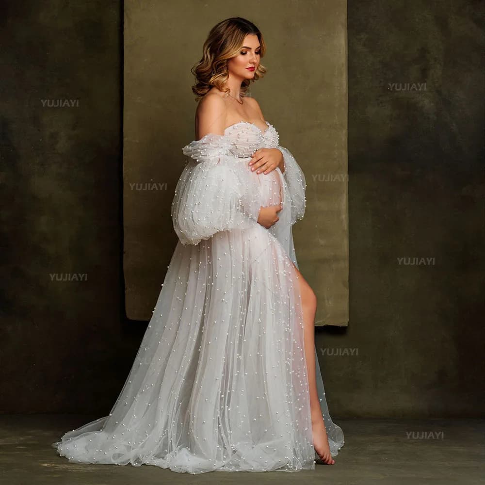 Customized Pearl Off Shoulder Maternity Dresses for Photoshoot Pregnant Women Bridal Boudoir Lingerie Bathrobe Babyshower Gown