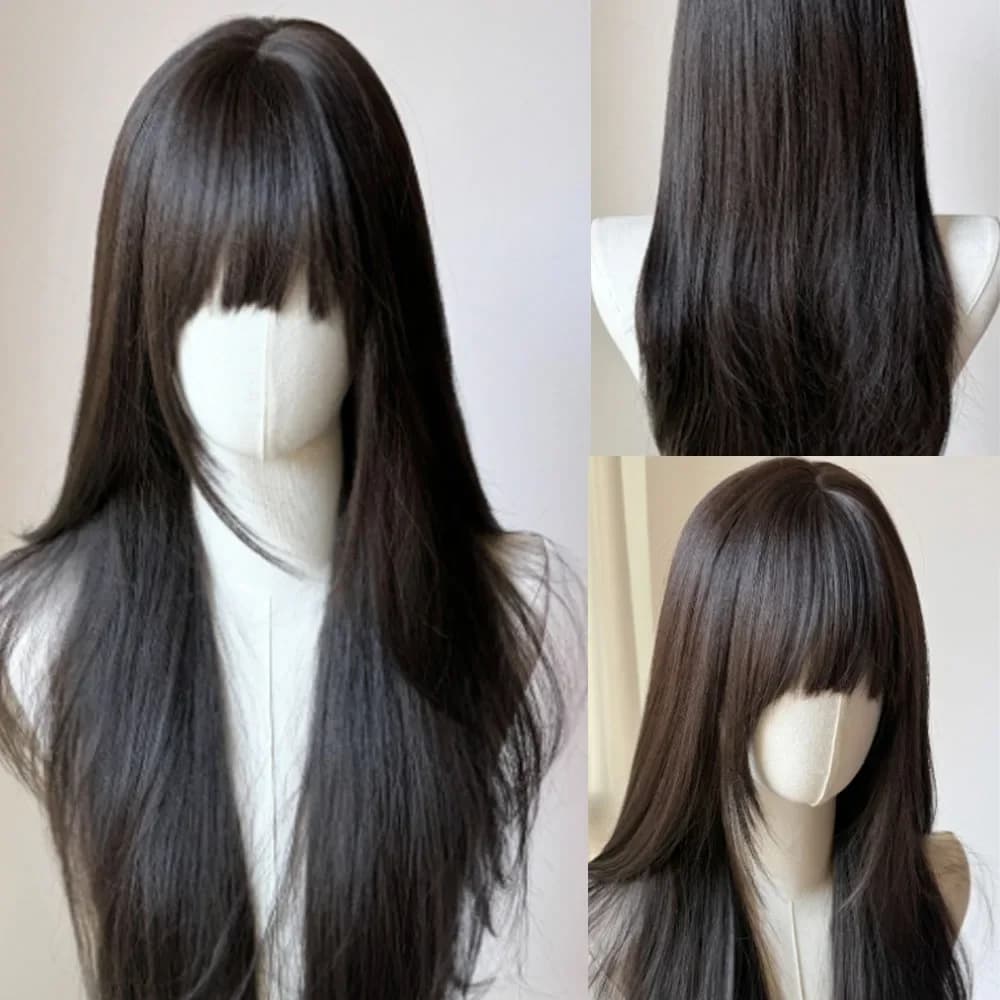 Black Wig with Bangs Long Straight Hair Sideburns Japanese Jk Black Lolita Simulation Hair Headband Wigs