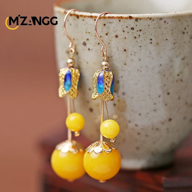 Ethnic Wind Silver Beeswax Earrings Female Chinese Wind Amber Earrings Chicken Oil Yellow Old Wax Cloisonne Vintage Jewelry Gift