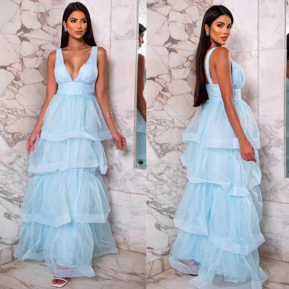 Customized Exquisite High Quality Sparkle Organza Pleat Homecoming A-line V-neck Bespoke Occasion Gown Long Dresses