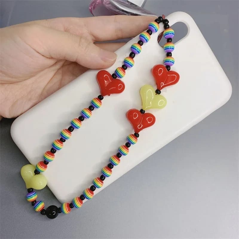Mobile Phone Lanyard Chain Anti-lost Fashion Color Acrylic Rainbow Beads Wrist Chain DIY Resin Love Heart  Bracelet  for Women