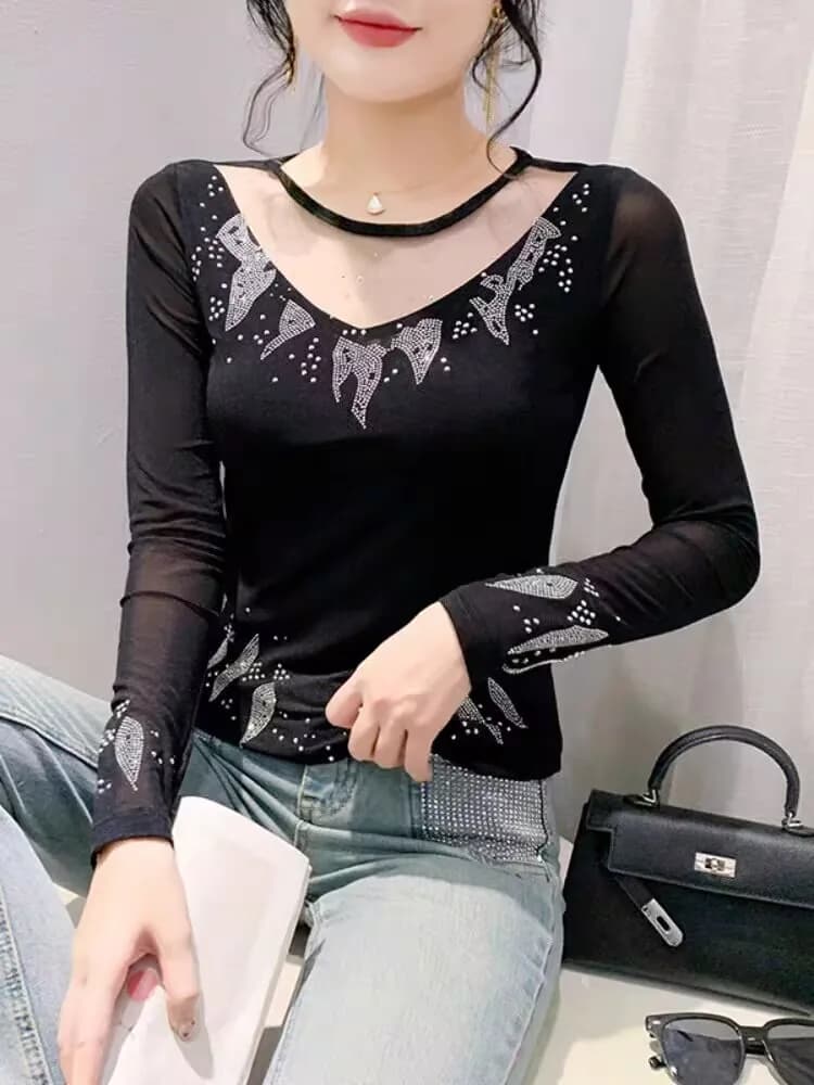 2024 New Arrival Elegant T-shirt Autumn Winter Woman M-3XL Long Sleeve V-neck High quality Velvet Charming Striped Hollow Out