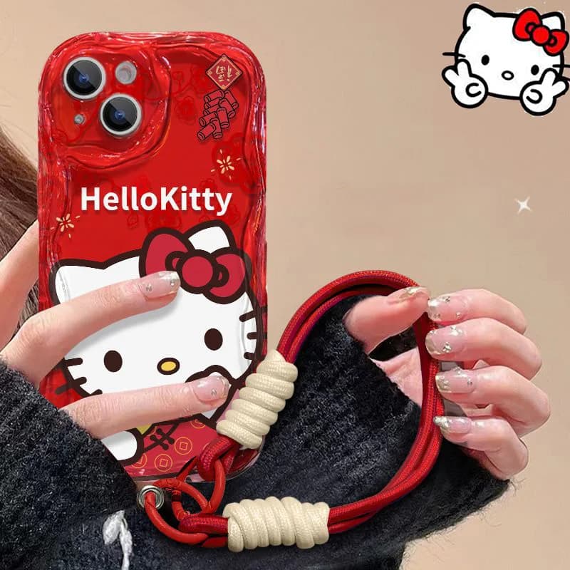 Sanrio Hello Kitty New Year IPhone13 Case Cute Cartoon IPhone 14 15 11 12p XR 8P Red Hand Strap Anti Drop Phone Cases Girl Gifts