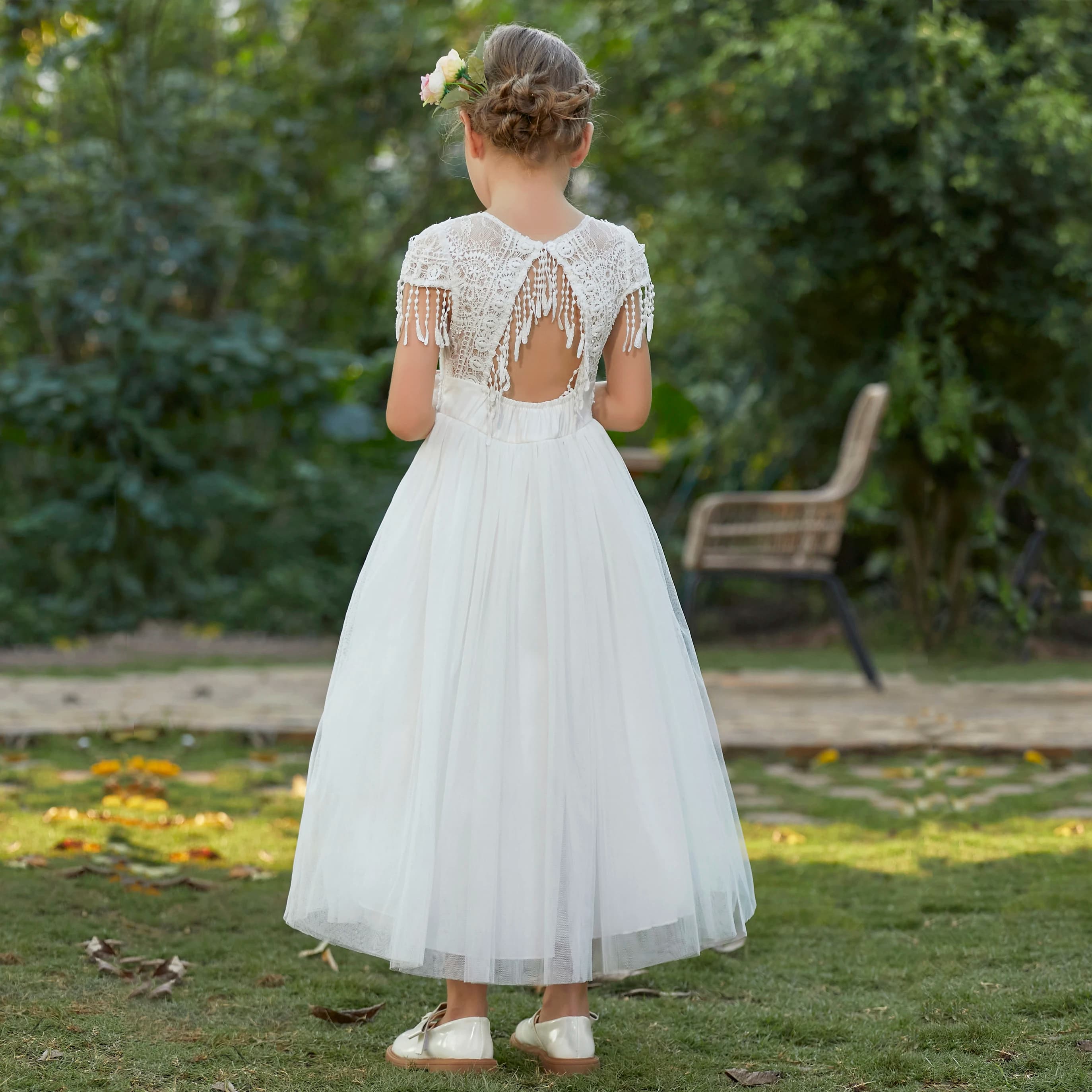 Christmas Girl's New Bohemian Style Lace Tassel Flower Backless Solid Color Fashionable and Atmospheric Gathering Mesh Dress