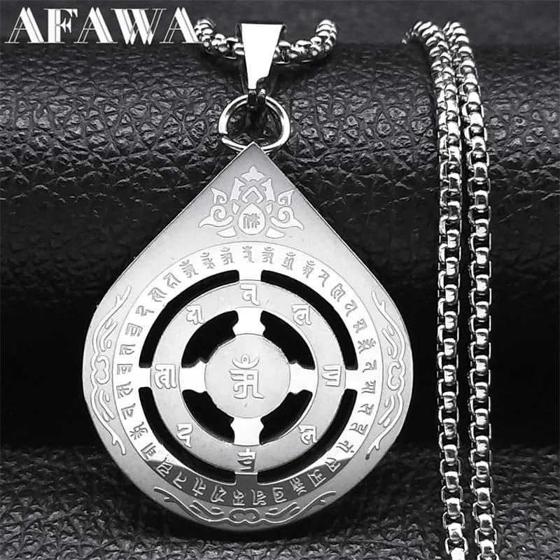 Six True Words Mantra Lotus Pendant Necklace for Men Women Stainless Steel Om Lucky Religious Amulet Chain Jewelry NZZZ564S02