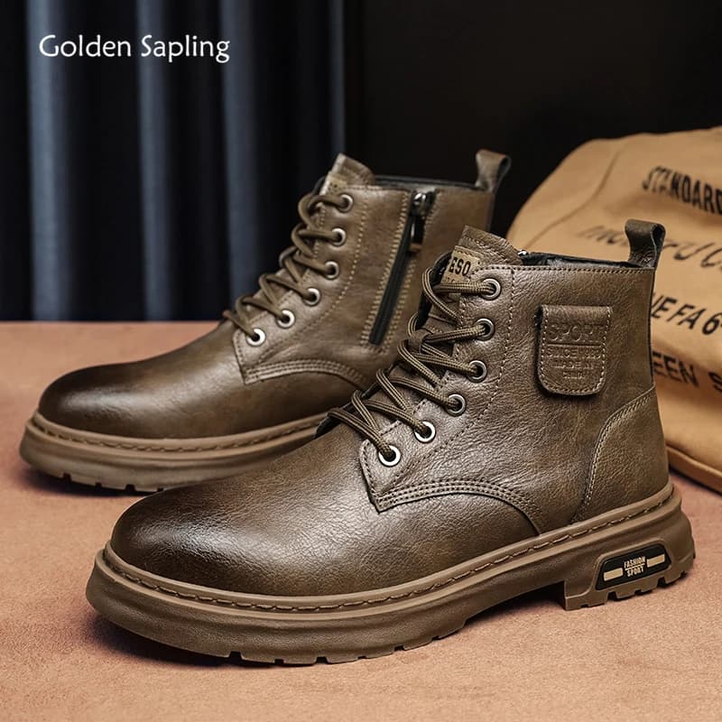 Golden Sapling Retro Motorcycle Boots for Men High Quality Soft Leather Basic Ankle Boot Male Winter Spring Platform Flats Shoes