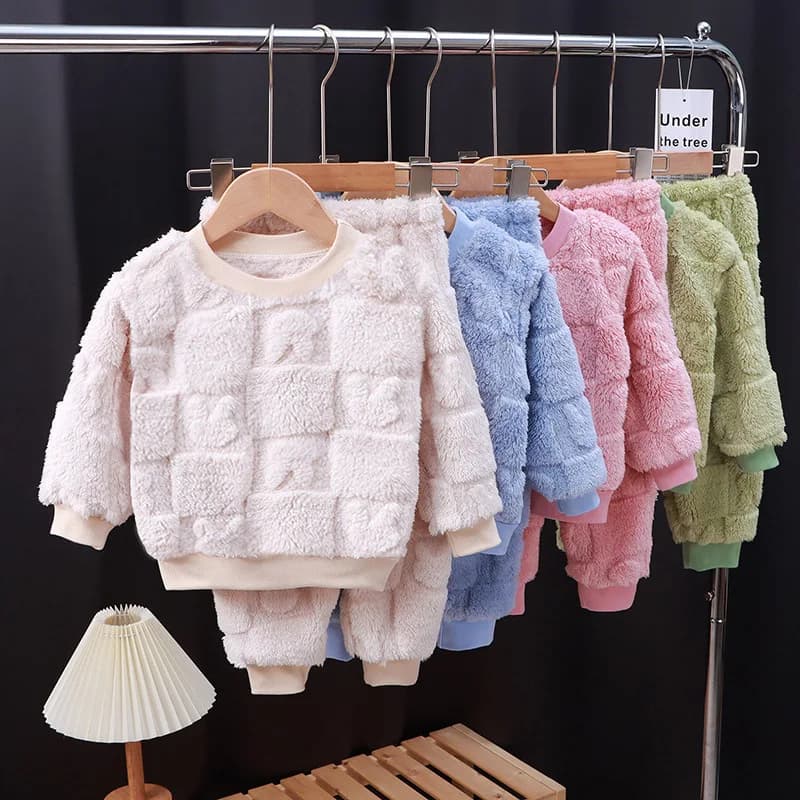 New Autumn and Winter Flange Pajamas Suits Children's Long Sleeve Top+Trousers Sets Plus Velvet Thick Home Wear 1-6 Years Old