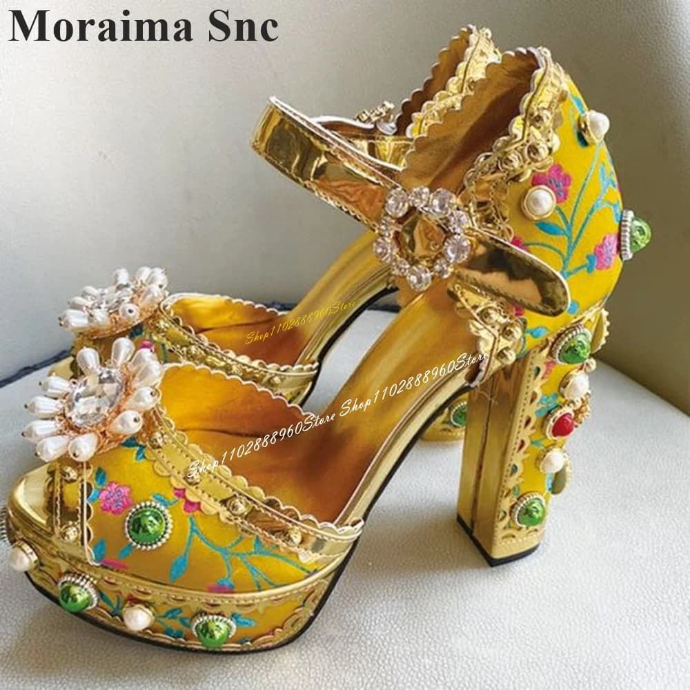 Court Style Yellow Crystal Pearl Platform Sandals Thick Heel Women Shoes Ankle Buckle Strap Peep Toe 2024 Zapatos Para Mujere