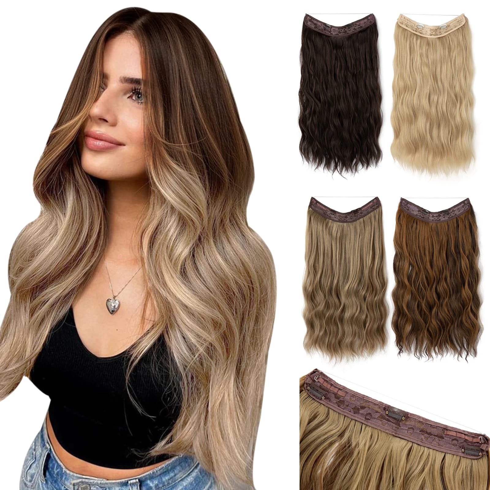 SARLA Synthetic Wave Invisible Wire Clip in Hair Extensions Fish Line With Clips Hairpiece Ombre Fake Hair Piece For Woman