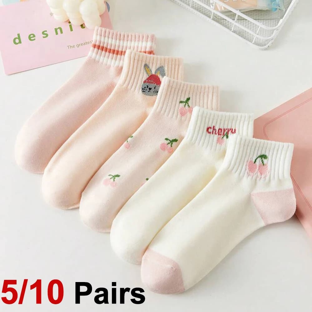 5/10 Pairs Women Striped Ankle Socks Trendy Versatile Pink Fruit Pattern Cartoon Short Socks Comfortable Breathable Casual Socks