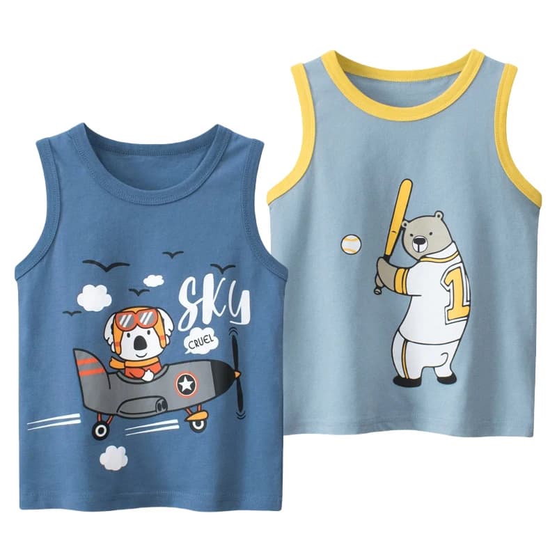 2025 Summer New Cartoon Bear Girls Vest Children's Clothing Sleeveless O-Neck Cotton Tops Lovely T-Shirt Girl Kids Clothes