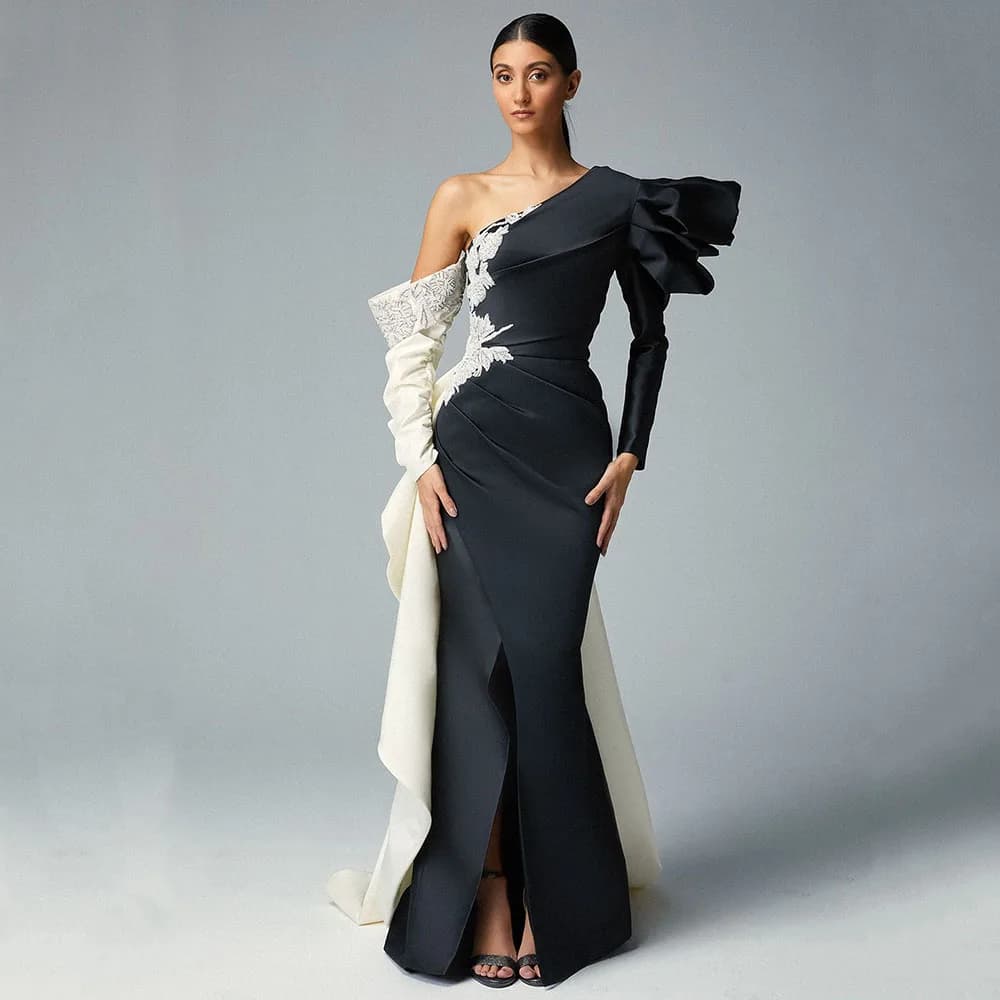 Sexy Contrast Color Long Evening Dresses Asymmetrical Sleeves Appliques Mermaid Formal Prom Party Club Gowns With Slit