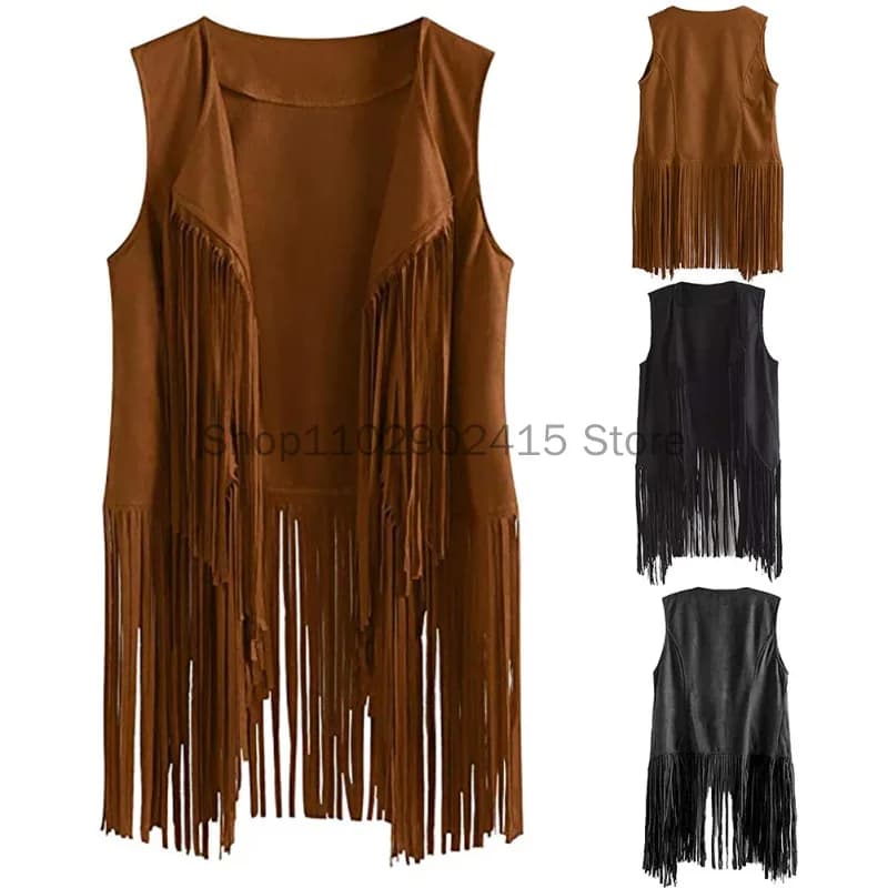 Medieval Fringe Vest Women Leather Suede Vest Tassels Vintage Western Country Cowgirl Vest Cardigan Cosplay Waistcoat Jacket