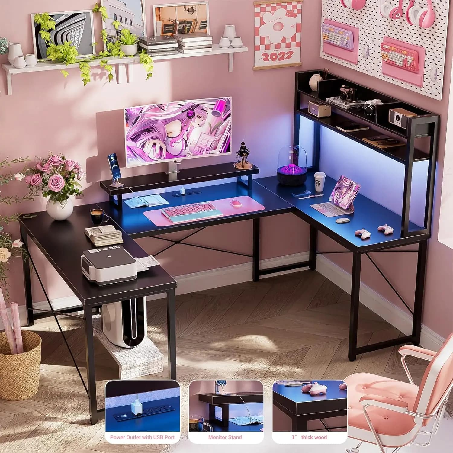 Large U Shaped Computer Desk with Hutch, Customizable Reversible L Shaped Office Desk with Power Outlets & LED Lights