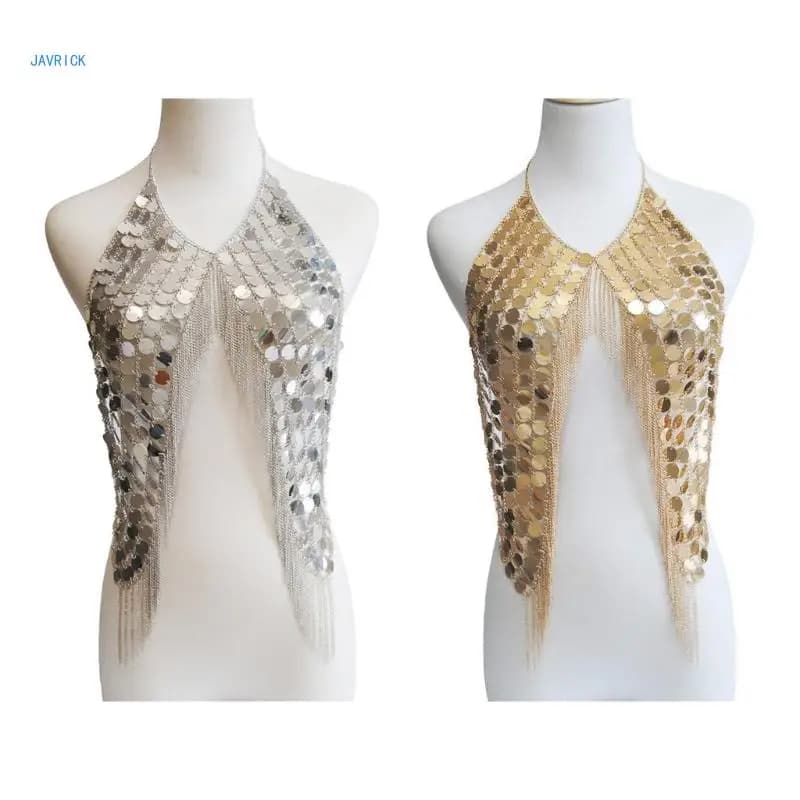 Metal Sequins Tassel Harness Necklace Bra Chain Women Jewelry Metal Alloy Body Jewelry Women Sequin Body Chains