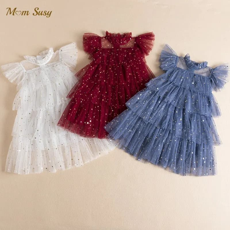 Fashion Baby Girl Princess Sequins Layered Tutu Dress Fly Sleeve Child Tulle Bling Vestido Party Birthday Baby Clothes 2-10Y