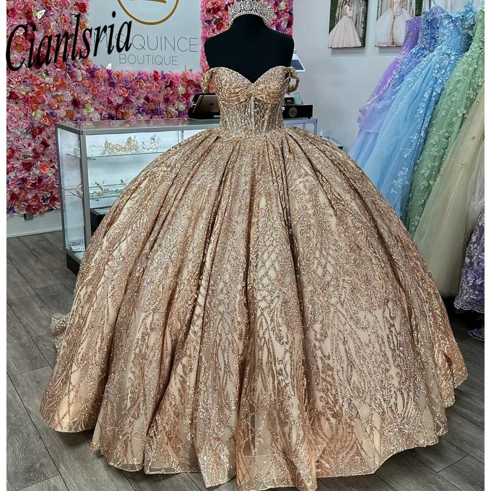 Champagne Illusion Glitter Crystal Sequined Quinceanera Dresses Ball Gown Off The Shoulder Beading Corset Vestidos De XV Años