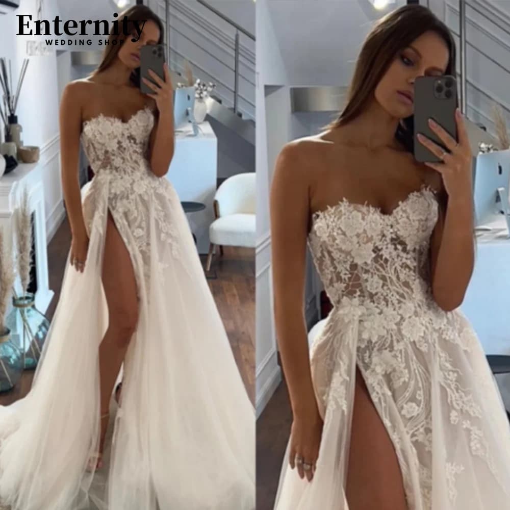 Customized Sweetheart Wedding Gowns For Bride Elegant Bridal Dress Lace Appliques Sleeveless High Split Sexy Vestidos De Novia