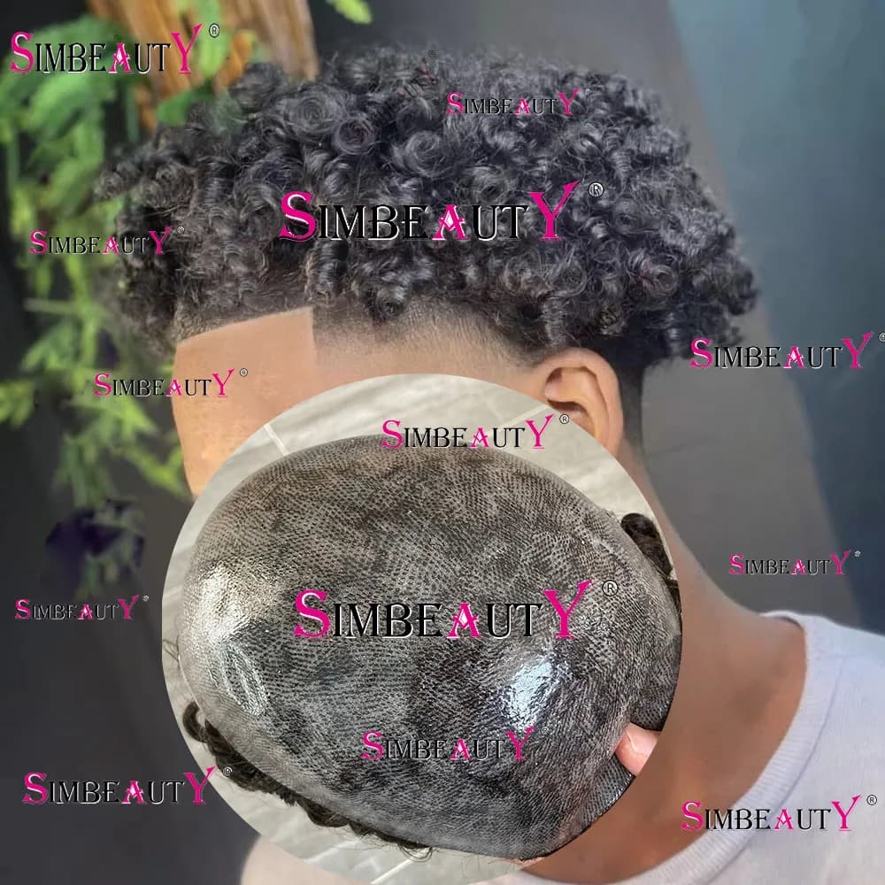 15mm Afro Curly Men's Capillary Prosthesis Toupee Kinky Wave Black Human Hair Wig Prosthesis Male Thin Skin PU Hairpieces System