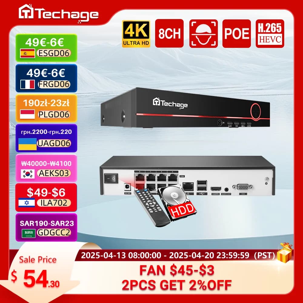 Techage H.265 8CH 4K 2K POE NVR Security Surveillance Network Video Recorder Up to 16CH For CCTV System POE IP Camera Recorder