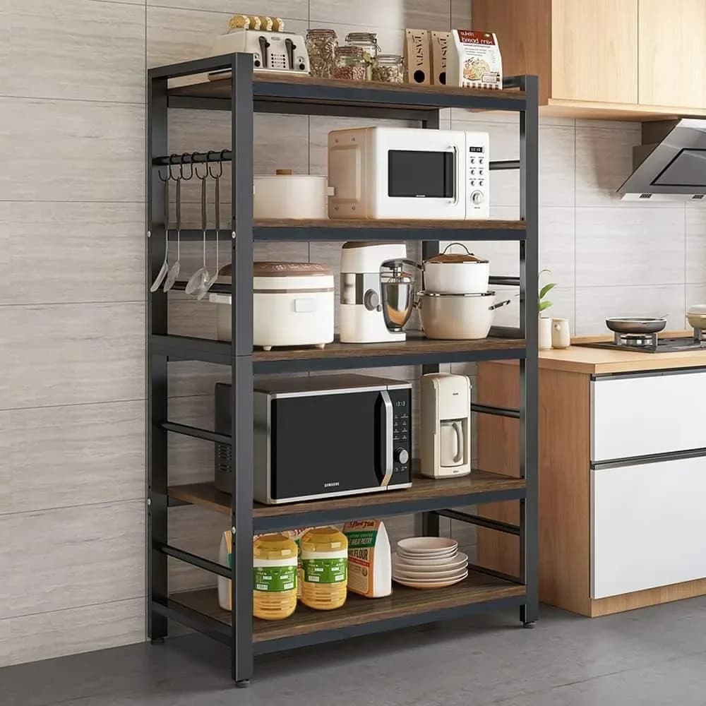 5-Tiers Bakers Rack,Microwave Oven Stand with Shelves, 5 Hooks,Multifunctional Shelf for Kitchen,Bathroom,Livingroom,Storehouse