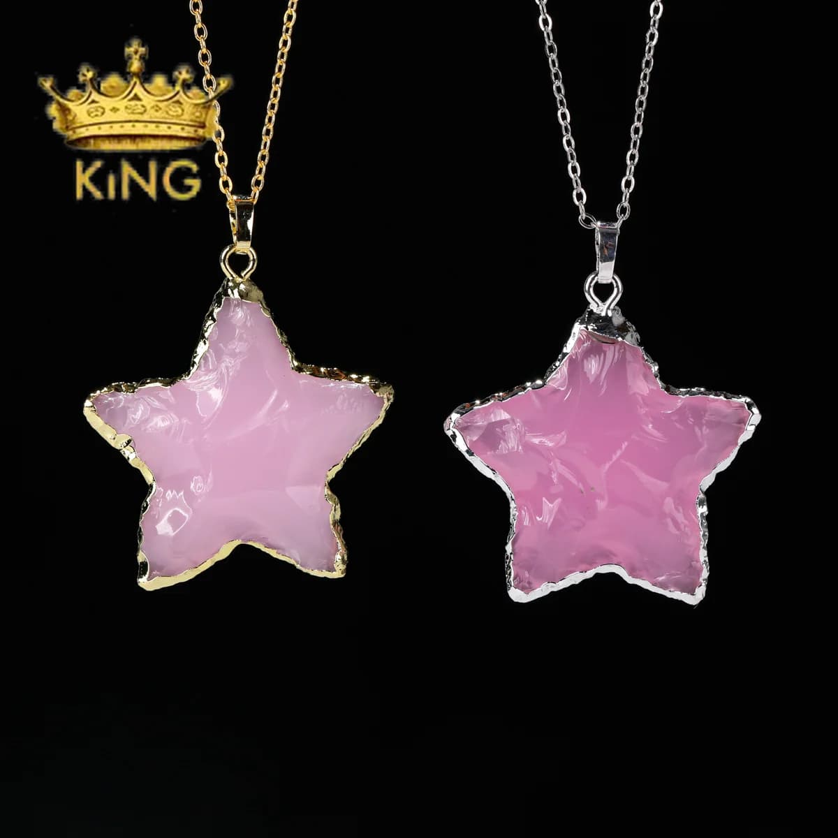 Pink Glass Stone Star Pendant Fashion Small Gold Silver Plated Chain Beaded Necklace Couple Jewelry