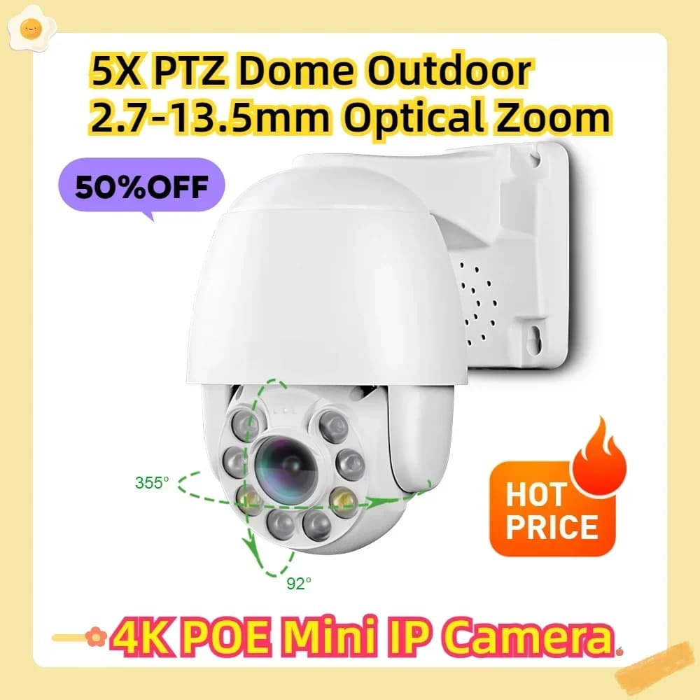 4K POE Mini IP Camera 5X PTZ Dome Outdoor 2.7-13.5mm Optical Zoom Dual Light CCTV Security